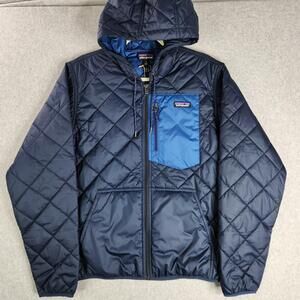 Patagonia Diamond Quilted Jacket Mens Small Navy Blue Hooded Full Zip 27611 NECL